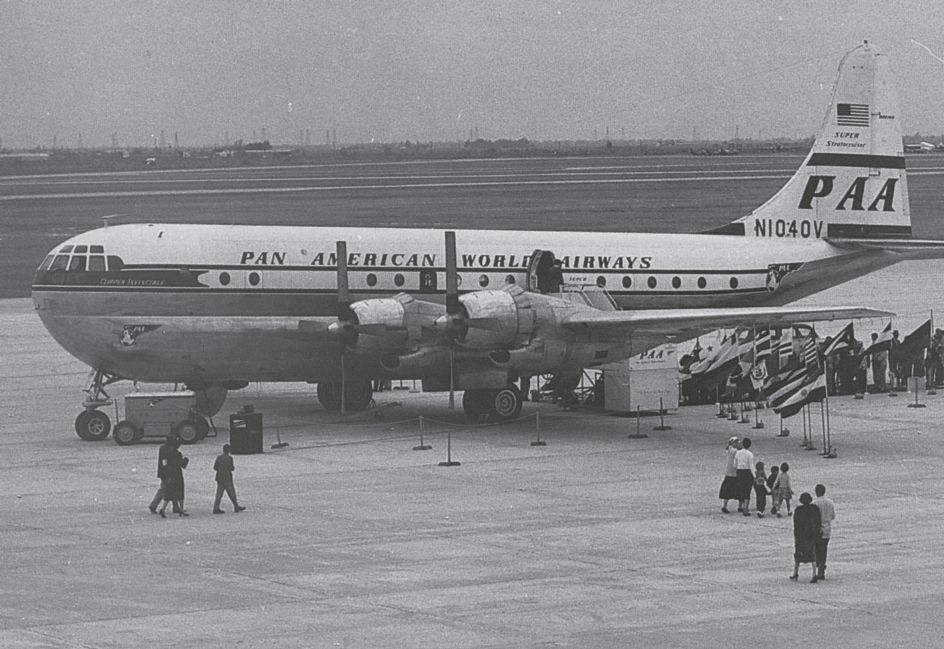 1950s Ground tours were occasionally offered to non travelers.  Seen here a Pan Am Boeing 377 Stratocruiser is on display.